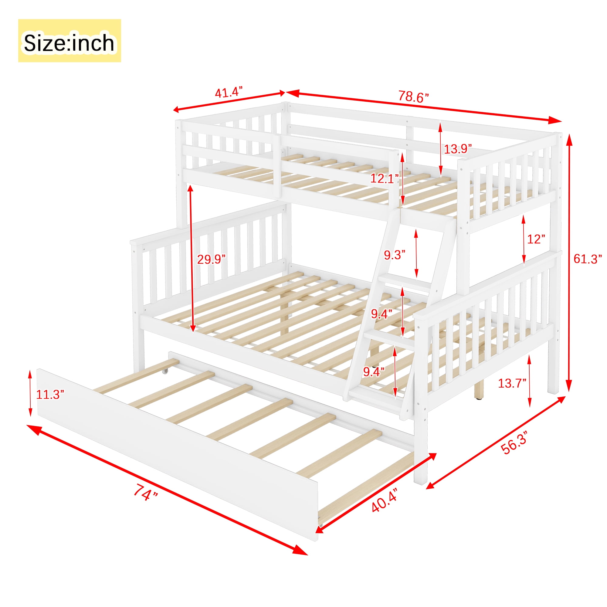 Alvantor Twin Over Full Wood Bunk Bed with Trundle, Convertible into Twin Size Beds for Teens Adults, White