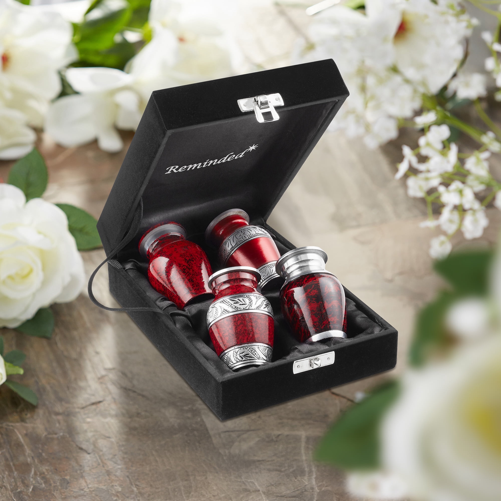Reminded Small Cremation Keepsake Urns for Human Ashes, Set of 4 Red and Silver Miniature Urns with Velvet Case and Bags
