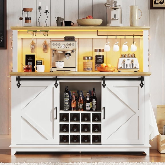 Yiwa 55-inch Farmhouse Bar Cabinet with Sliding Barn Doors, Built-in Charging Station & RGB LED Light - Black, Rustic Brown, White