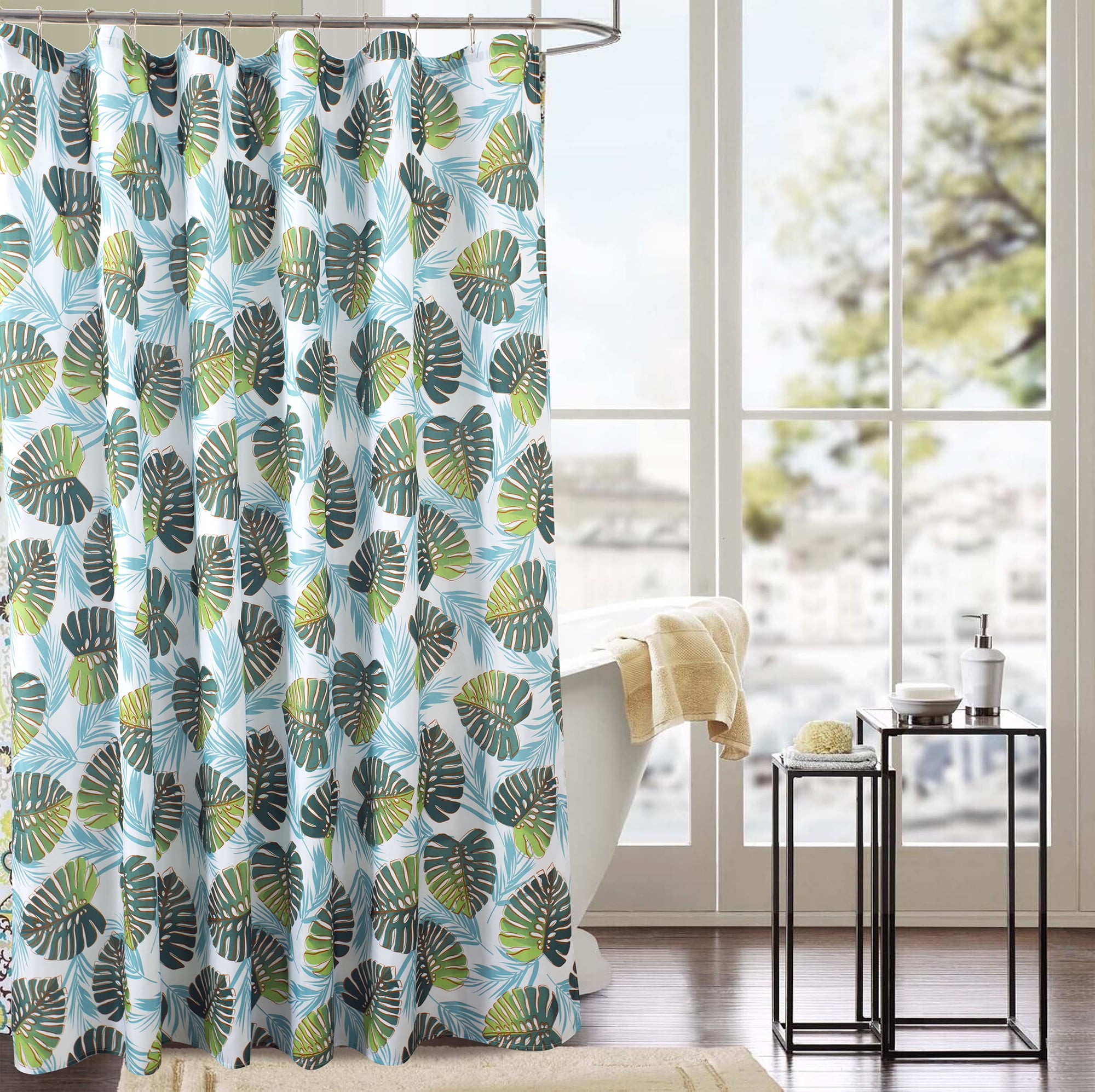 White/Green/Blue Floral Ferns Shower Curtain with Reinforced Stitches