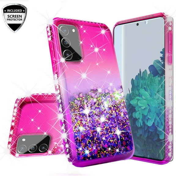 Galaxy A12 Case w[Temper Glass] Cute Liquid Glitter Bling Diamond Bumper Girls Women Phone Case for Samsung Galaxy A12 - Hot Pink/Purple