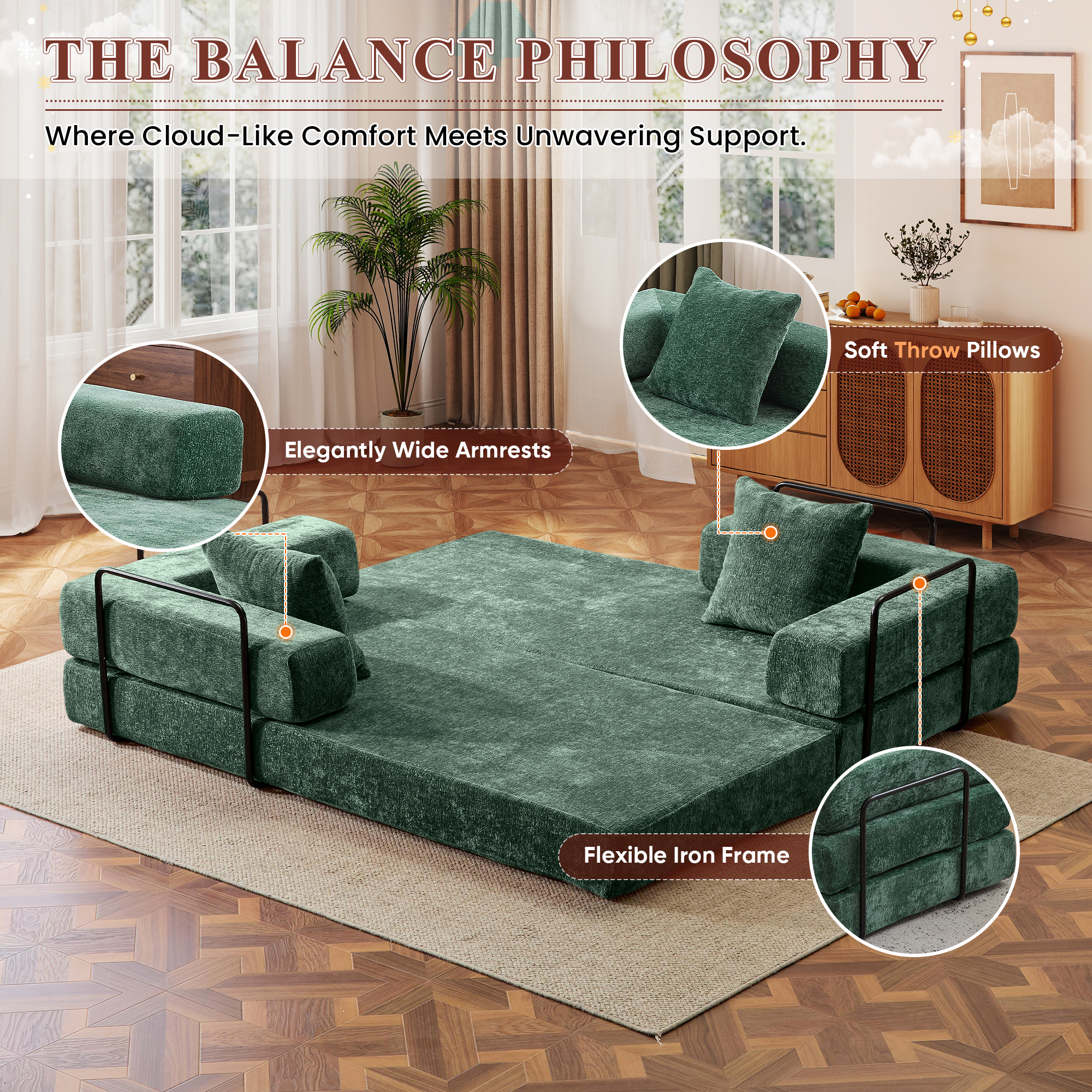 Timbernest 76.8" Folding Sofa Bed, King Size Convertible Sleeper Sofa with 2 Pillows, Chenille Floor Sofa for Living Room, Small Spaces, Dark Green