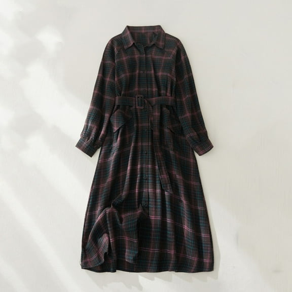 BRGZLK Women's Plaid Midi Dress Classic Plaid Polo Collar Ruffled Vintage Long Sleeve Dress with Belt Spring Summer Casual Outfit Coffee L