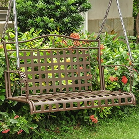 Coastal Iron Hanging Swing - Outdoor Patio Swing Seat - Rustic Brown Decor - Classic Scrollwork Design