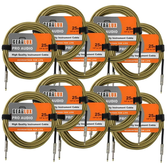 Gearlux Instrument/Guitar Cable, Tweed, 25 Foot - 10 Pack