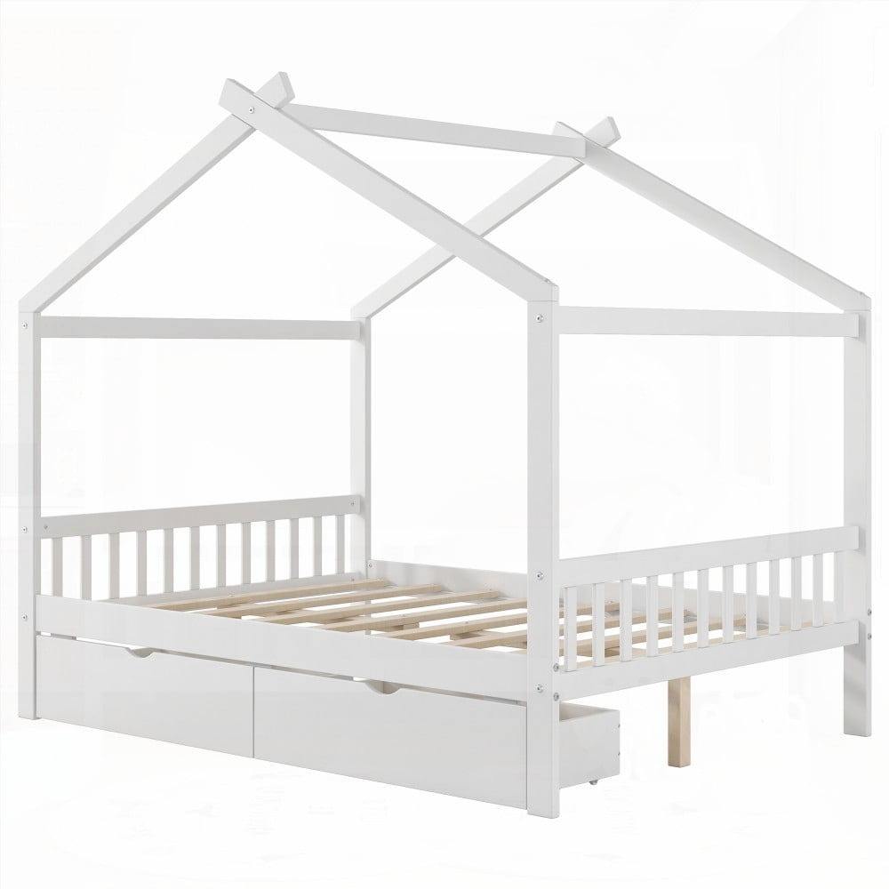 Full Size House Platform Bed with Storage & Roof Design|Two Drawers|White
