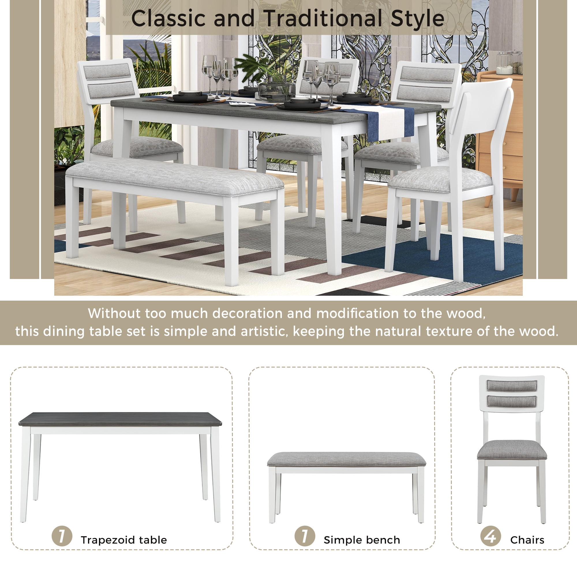 Howcool Classic Traditional 6-Piece Dining Set, Table, 4 Upholstered Chairs & Bench, White + Gray