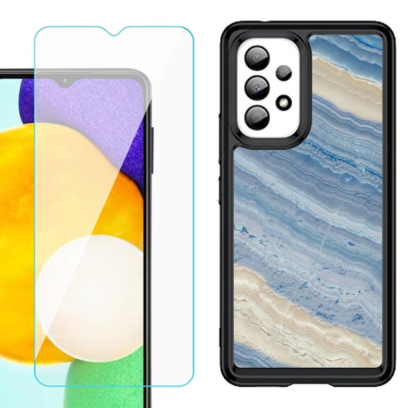 Shockproof Bumper (Black Frame) phone Case for Samsung Galaxy A23 5G, with Tempered Glass Screen Protector, by OneToughShield ® - Marble/ Marina Blue