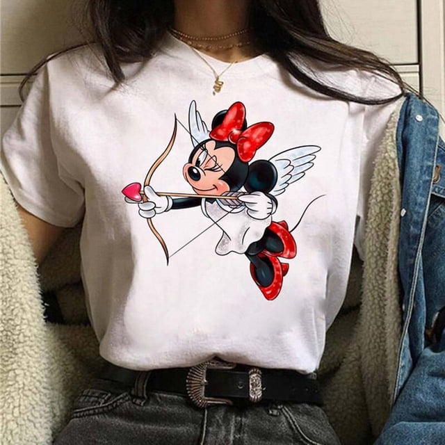 KISS Mickey and Minnie Cute Women's Top O-Neck Summer Women's T-Shirt Kawaii Mickey Mouse Casual TopL Gao Jinjia LED