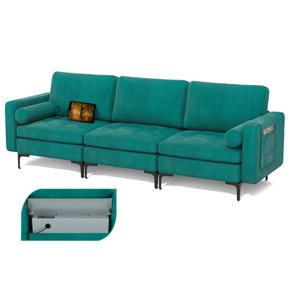 Finihen 3-Seat Sofa Couch, Modular 3-Seat Sofa Couch with Socket USB Ports and Side Storage Pocket, for Living Room, Bedroom, Teal Finihen 3-Seat Sofa Couch, Modular 3-Seat Sofa Couch with Socket USB Ports and Side Storage Pocket, for Living Room, Bedroom, Teal