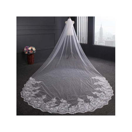 Vintage Lace Veil - 4m White / Ivory Luxury 1 Tier Bridal Veil Cathedral Wedding Lace Sequins Long Veil With Comb