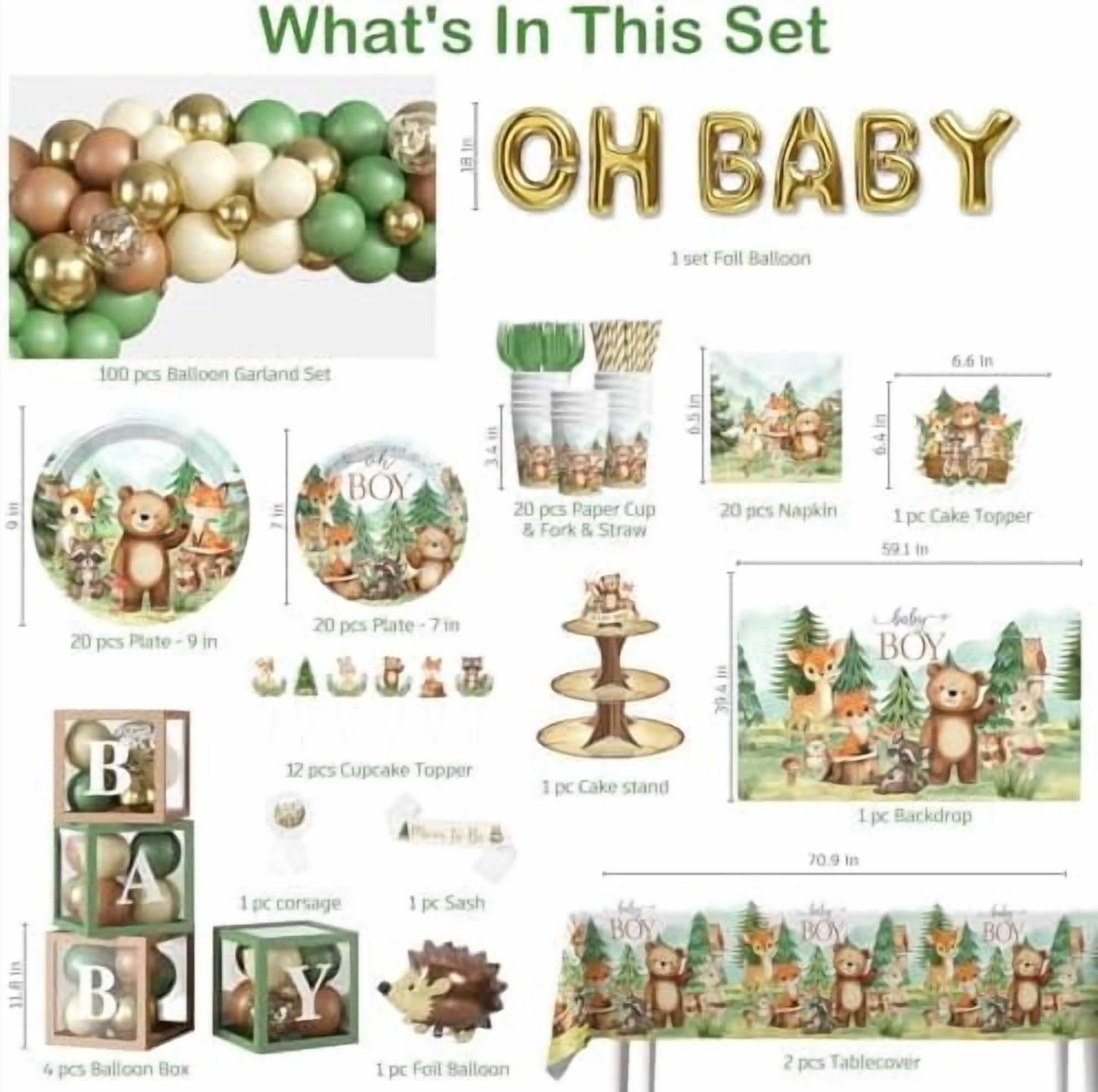 254Pcs Woodland Baby Shower Decorations, All-in-one Baby Boy Woodland Forest Animals Party Set with Plates, 2 Tablecloths, Cupcake Stand Woodland Theme Baby Shower Decorations$$