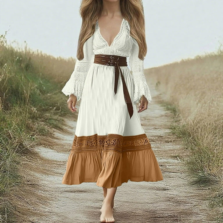 Efsteb Vintage Lace Patchwork Maxi Dress for Women Fashion V Neck