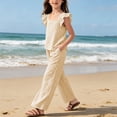 thumbnail image 6 of Miluxas Girls' Gingham 2-Piece Set - Ruffle Sleeve Top & Wide Leg Pants, Lightweight Plaid Outfit for Beach & Summer Wear Beige 13 Years, 6 of 8