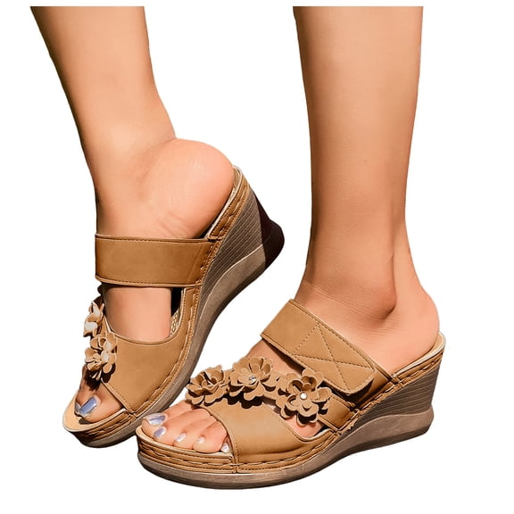 Women's Wedge Sandals Cute Flower Platform Slip on High Heeled Slides Open Toe Cork Wedges Heels Summer Dressy Shoes Khaki Size 9