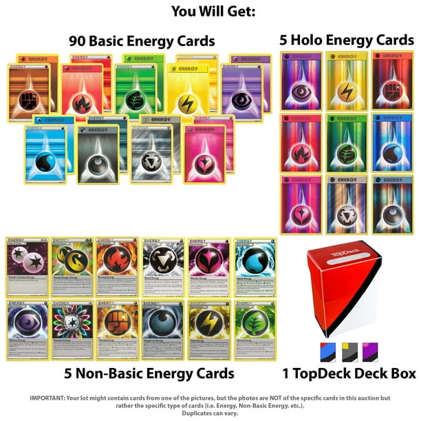 100 Pokemon Energy Cards includes 90 Basic Energy Cards, 5 Holo Energy Cards, 5 Special Non