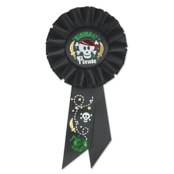 Pack of 6 Black "Birthday Pirate" Party Favor Celebration Rosette Ribbons 6.5"