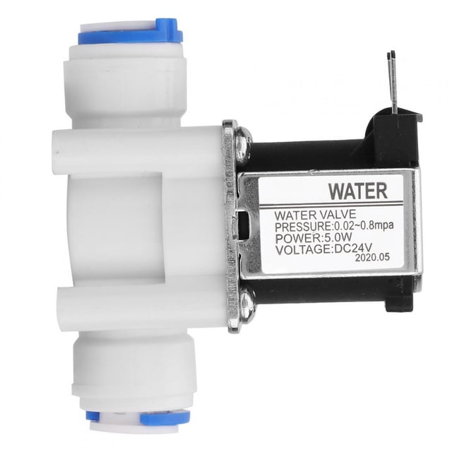 electroválvula eléctrica plástica - 24vdc, conexión rápida - purificador de agua Válvula solenoide NC con cuerpo en T de plástico blanco y dos racores de conexión rápida de 3/8 (9,5 mm); solenoide negro en placa metálica con etiqueta 'WATER' que indica VOLTAGE: DC24V y presión 0.02–0.8mpa; peso aprox. 118 g; vista lateral sobre fondo blanco, adecuada como reemplazo en purificadores de agua domésticos.