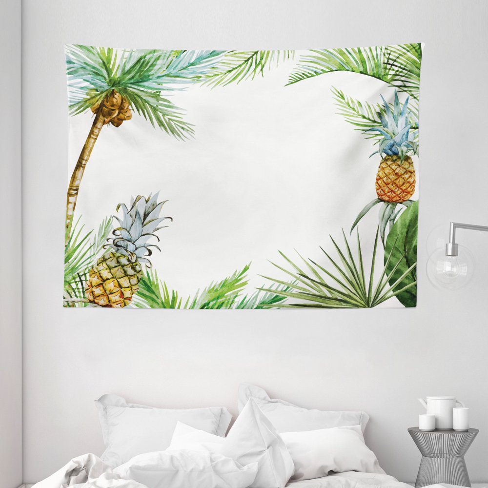 Pineapple Decor Tapestry, Watercolor Tropical Island Border Print with