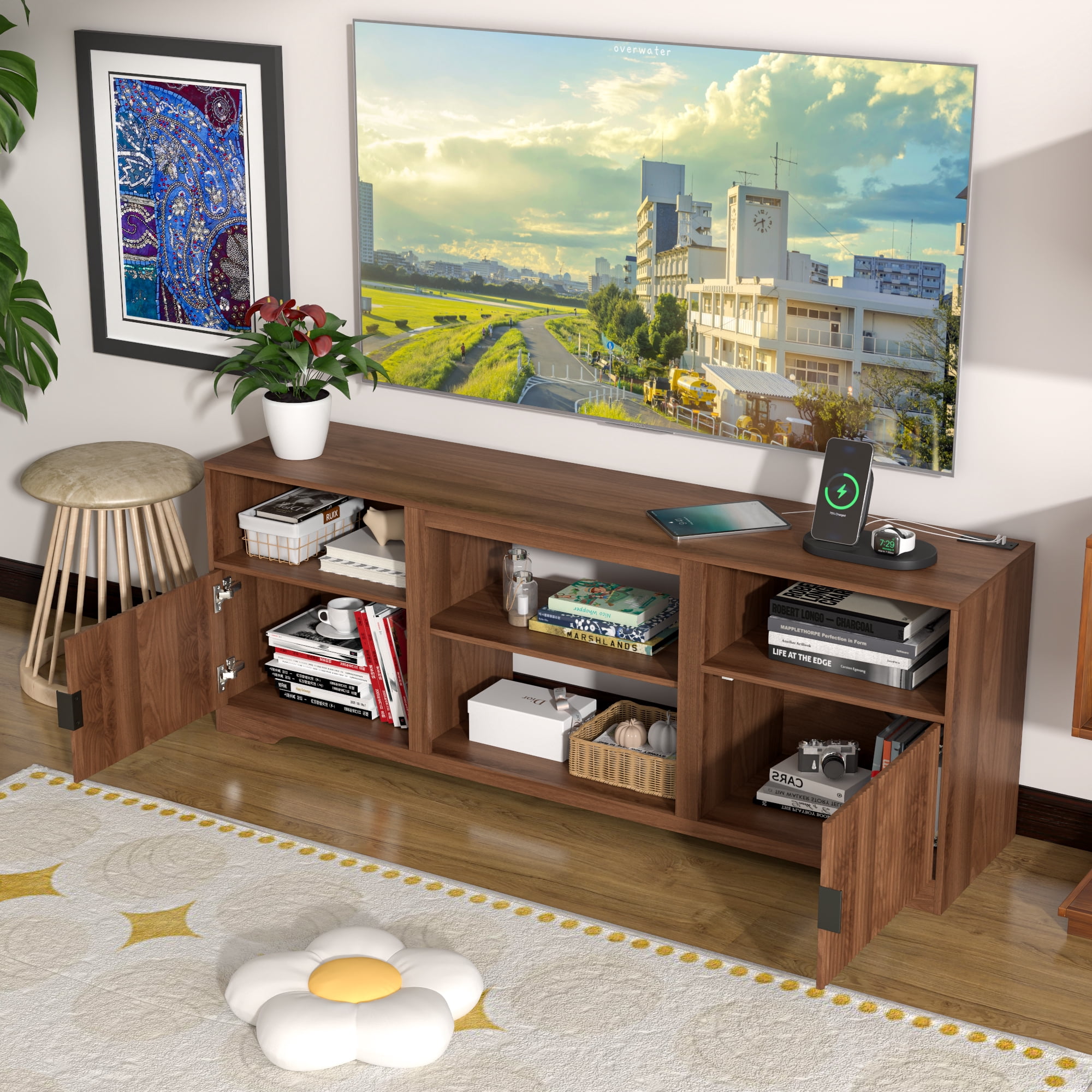LUCKYELF Modern TV Stand for TVs up to 80", Entertainment Center with Storage, Media TV Console Table for Living Room, Bedroom, Walnut Color