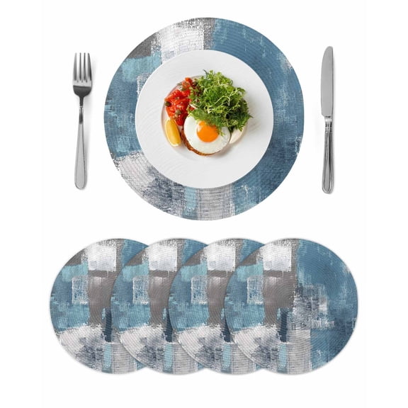 Blue Grey Round 13 Inch Placemats Set of 4, Modern Oil Painting Art Abstract HeatResistant Non Slip Place Mats for Dining Table, Wipeable Braided Kitchen Table Mats for Housewarming