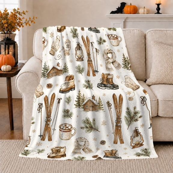 Rustic Winter Cabin Scene Snowy Pine Branches Lodge, Festive Holiday Scene, Warm Flannel Blanket for Cabin and Lodge, Art Lovers Housewarming Gift, Festive Home Decor