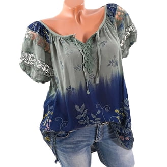 FOLUNSI Women's Plus Size Floral Tunic Top - Short Sleeve V-Neck Blouse