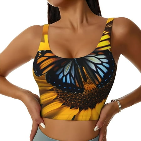 Adobk Butterfly On Sunflower Print Sports Bras for Women Longline Workout Crop Tank Tops Padded with Built in Shelf Padded Sports Bra-