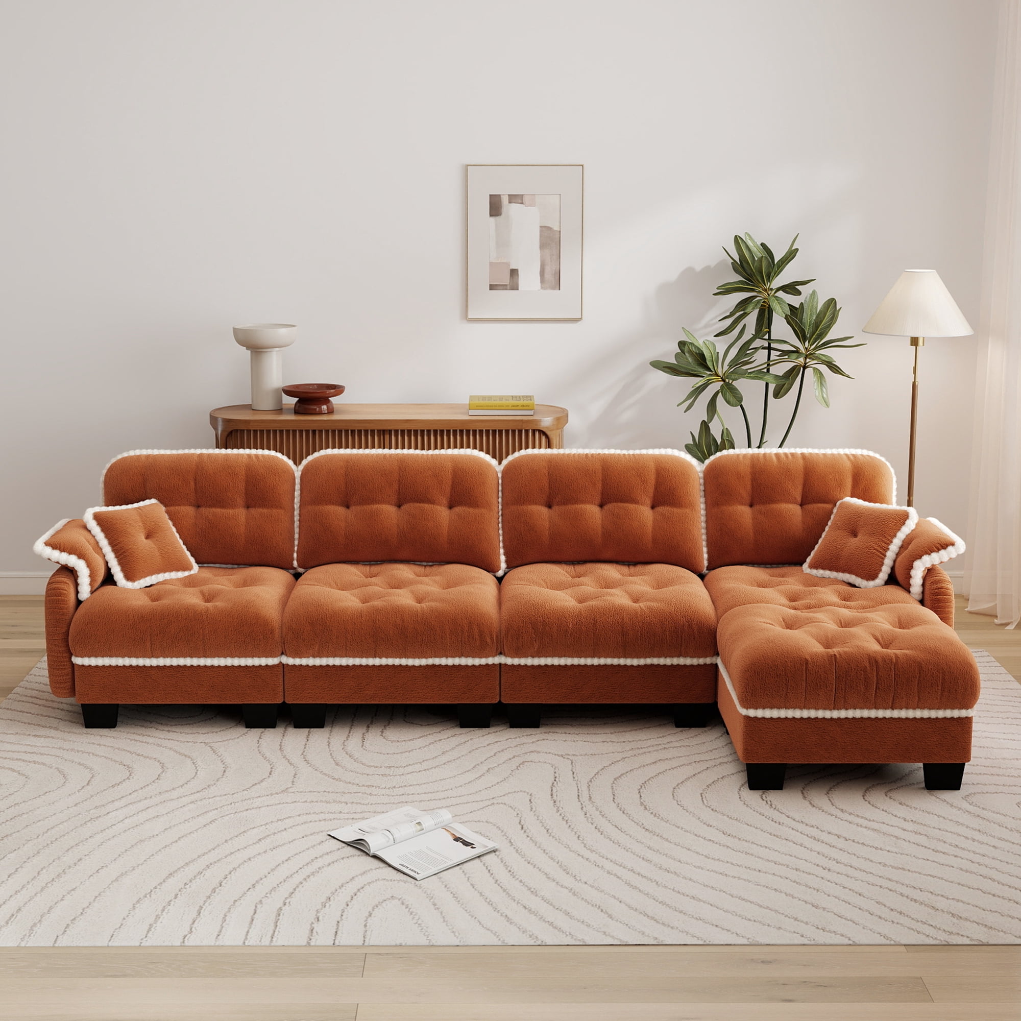 Aenkyo 131.5" Chenille Modular 4-Seater Sectional Sofa with Movable Ottoman, Orange