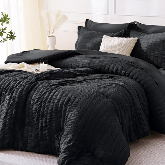 Juego de Cama MUXHOMO Full 7 Piezas Seersucker Negro de Lujo