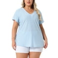 thumbnail image 1 of Blusa de manga acampanada de talla grande para mujer Agnes Orinda, con escote en V, camiseta hueca de primavera y verano, 3X, azul claro, 1 of 6