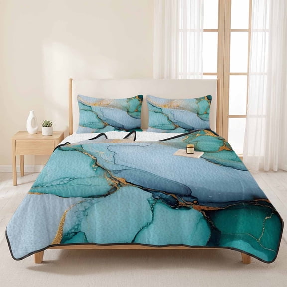 3 Pieces Queen Quilt Set,Teal Green Turquoise Gold Marble Texture Soft Bedding Sets with 1 Quilt & 2 Pillow Shams,Abstract Modern Art Summer Bedspread Lightweight Coverlet Comforter for All Season