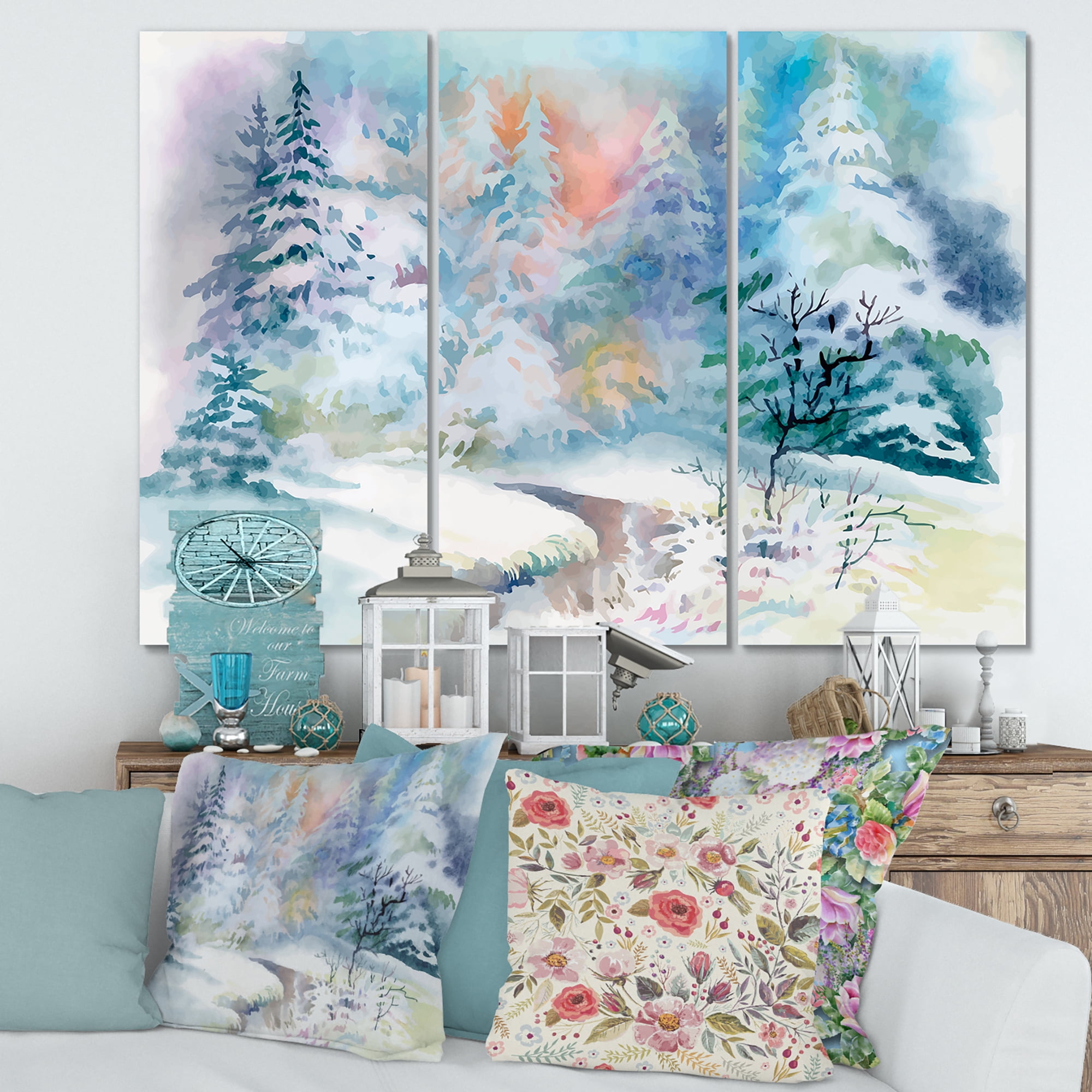 Designart ' Snowy River With Winter Landscape ' Traditional Canvas Wall Art Print