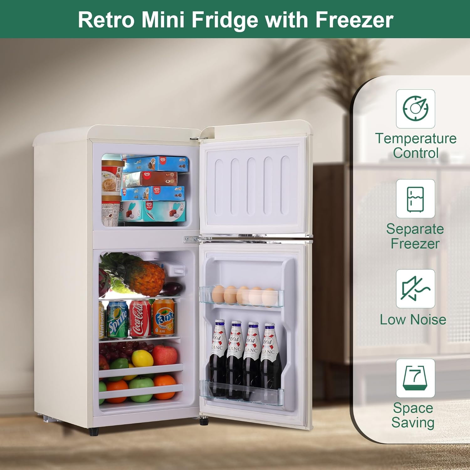 Kcpolre Retro Mini Fridge, 3.0 Cu.ft Small Refrigerator with Freezer Retro Style with 7-Level Adjustable Thermostat, Compact Vintage 2-Door Fridge for Apartments, Dorm, Office, Cream