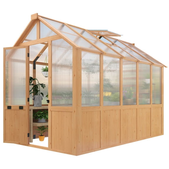 Erinnyees 6'x10' Outdoor Wooden Greenhouse, Heavy Duty Green House with Thickend PC Panel, Adjustable Windows, 12/16 Plant Hooks and Lockable Door for Garden,Backyard