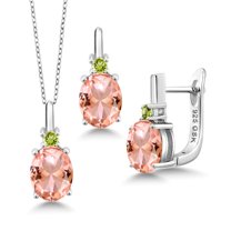Gem Stone King 6.07 Ct Peach Nano Morganite Green Peridot 925 Silver Pendant and Earrings Jewelry Set