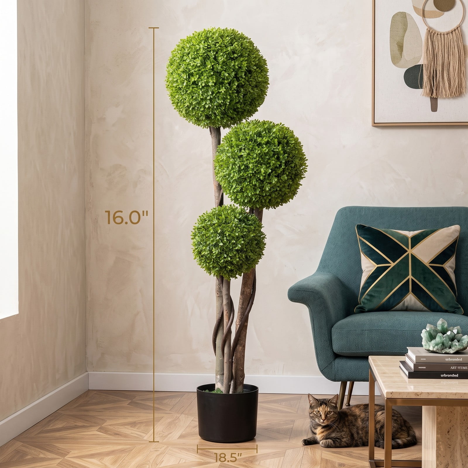ALPULON 4 FT Artificial Boxwood Topiary Ball Tree, Faux Triple Ball Plant with Weighted Cement Pot for Indoor Outdoor Front Porch Home Shop Decor, Green