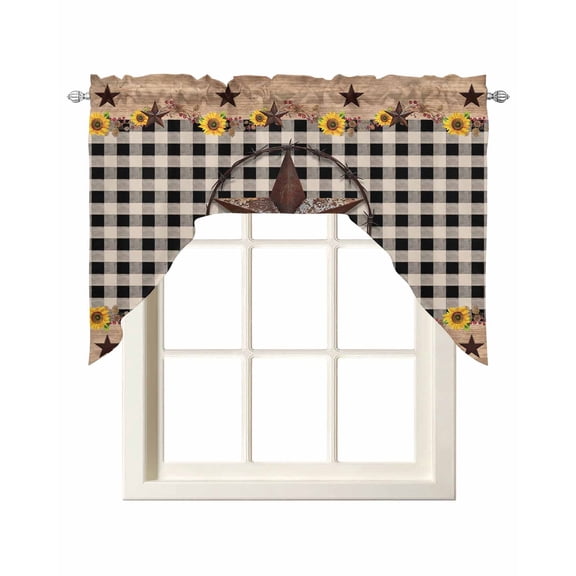 Farmhouse Vintage Kitchen Swag Valances for Windows, Western Country Star Brown Plaid Swag Valances Curtains for Living Room, Rod Pocket Window Treatments for Bathroom, Bedroom, Cafe, 56"x36"
