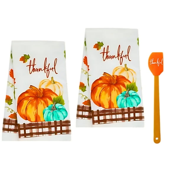 2-Pack Thankful Pumpkin Microfiber Kitchen Towels with Bonus Fall-Themed Orange Spatula, 15 in. x 25 in. Absorbent Quick-Dry Seasonal Autumn Home Decor