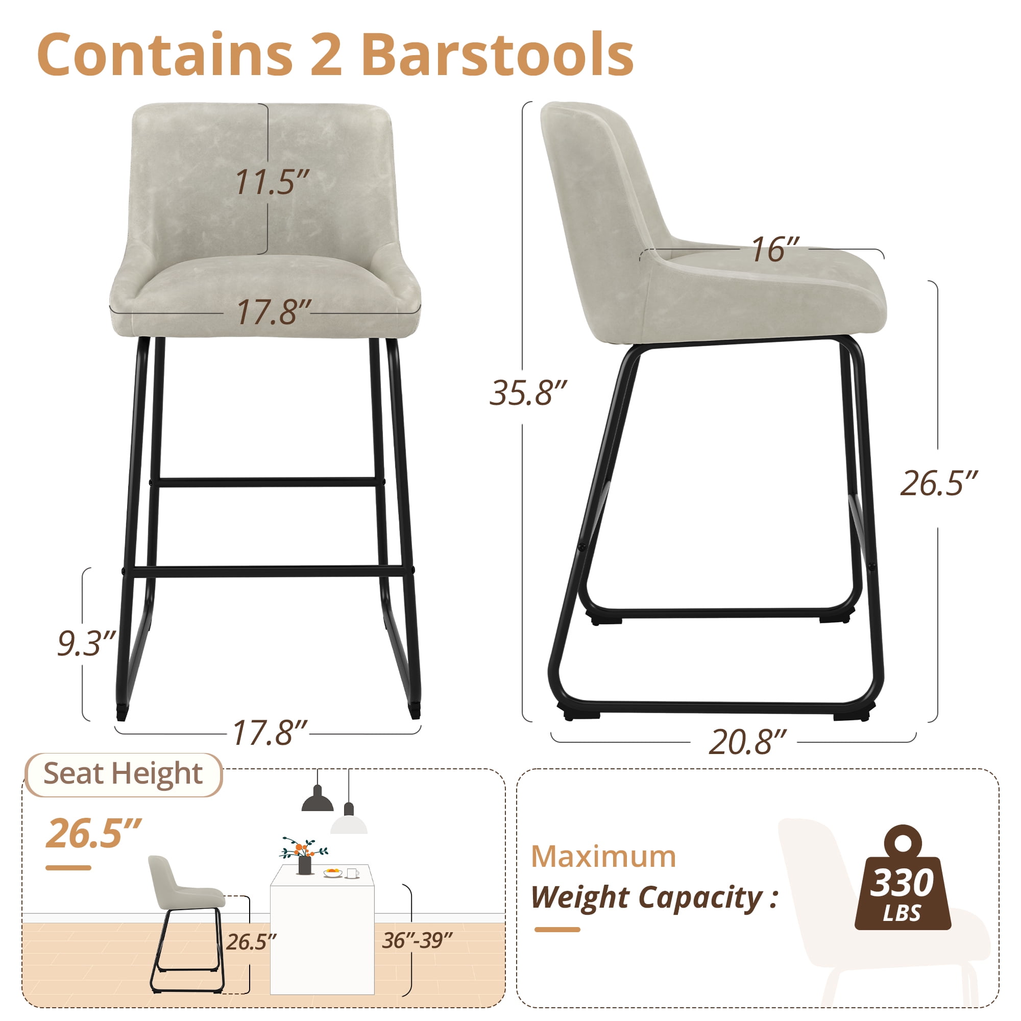 Dycanpo 26" Counter Height Bar Stools Set of 2, Faux Leather 2.5" Cushion, Beige Gray