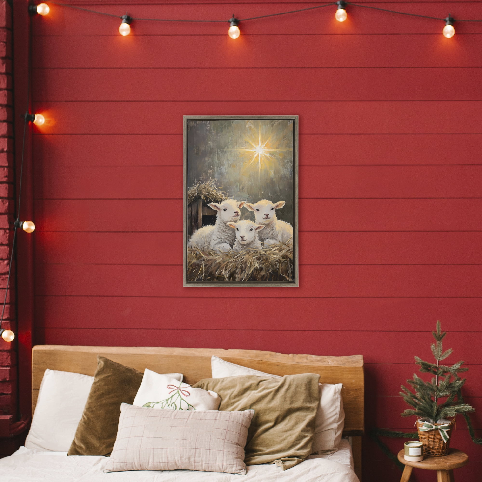 Festive Lambs in Stable Brown Framed Floater Canvas Wall Art, design by Petal Prints Design
