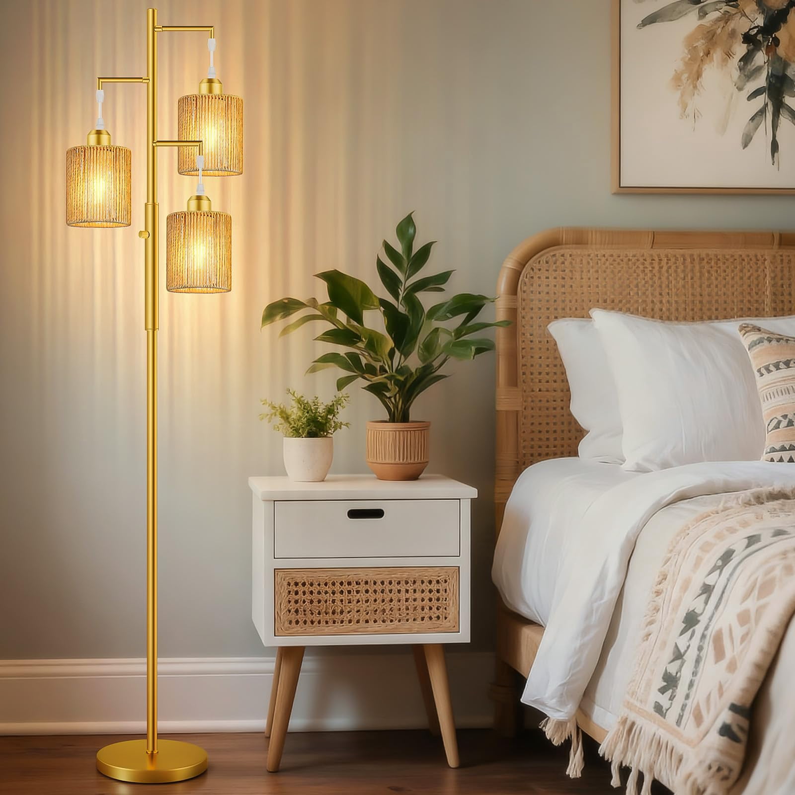 72" Tall Boho Rattan Style Floor Lamp With Hand-woven Paper Cord Shade  Dimmable Industrial Tree Standing For Living Room Bedroom Study Office (3 X 800lm Bulbs Included) -