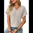 thumbnail image 2 of Blusas Elegantes e Informales de Corta para Mujer, Modernas, de Verano, con Cuello en V, Holgadas y A Rayas. Albaricoque L, 2 of 10