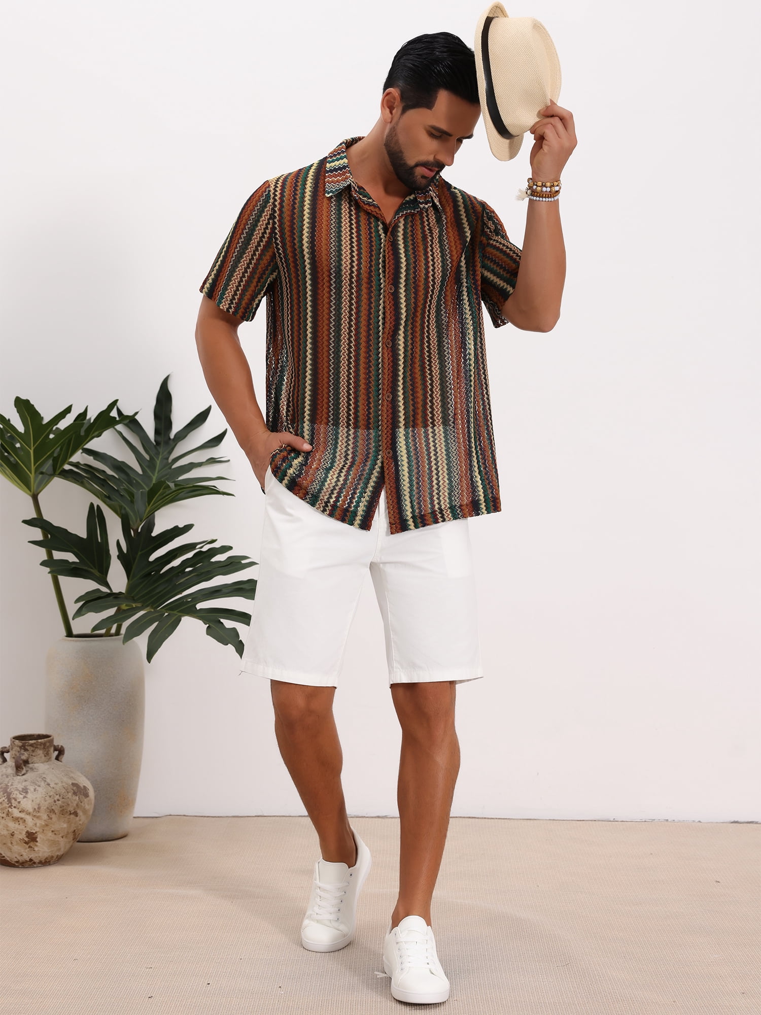 DARING DIVA Men's Striped Short Sleeve Button Down See Through Shirts L Brown Green