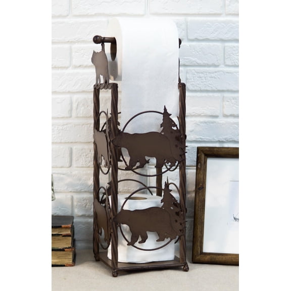 Cast Iron Western Rustic Black Bear Pine Trees Toilet Paper Holder Stand Station