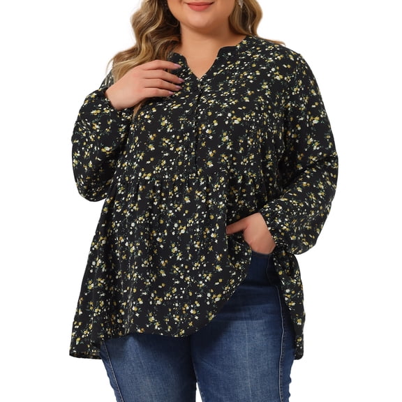 Agnes Orinda Women's Plus Size Floral V Neck Half Placket Casual Chiffon Blouse