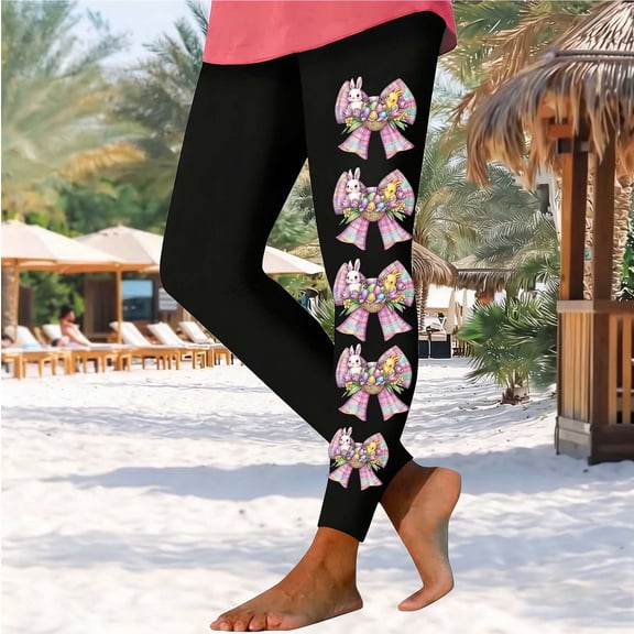 Sokhug Womens Easter Bunny Print Leggings High Waist Stretchy Slim Fit Black Casual Yoga Pants with Side Bunny Graphic Design