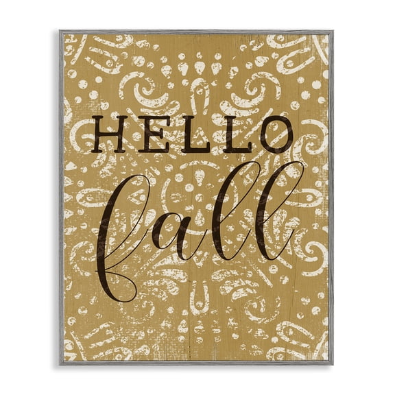 Stupell Industries Bohemian Hello Fall Greeting Vintage Yellow Fractal Pattern Gray Framed Giclee Art, 11 x 14, by Lil' Rue