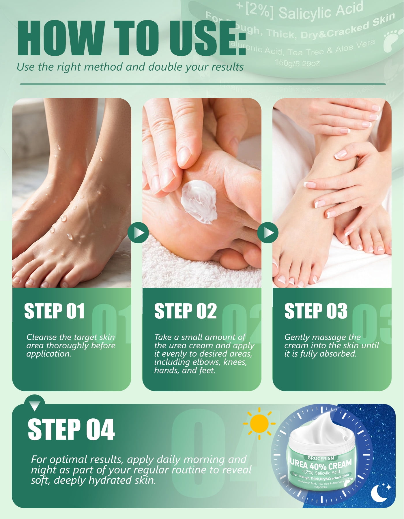 Urea Cream 40 Percent for Feet Plus Salicylic Acid 5.29 oz Foot Cream, with Hyaluronic Acid, Tea Tree,and Aloe Vera for Deep Moisturizes