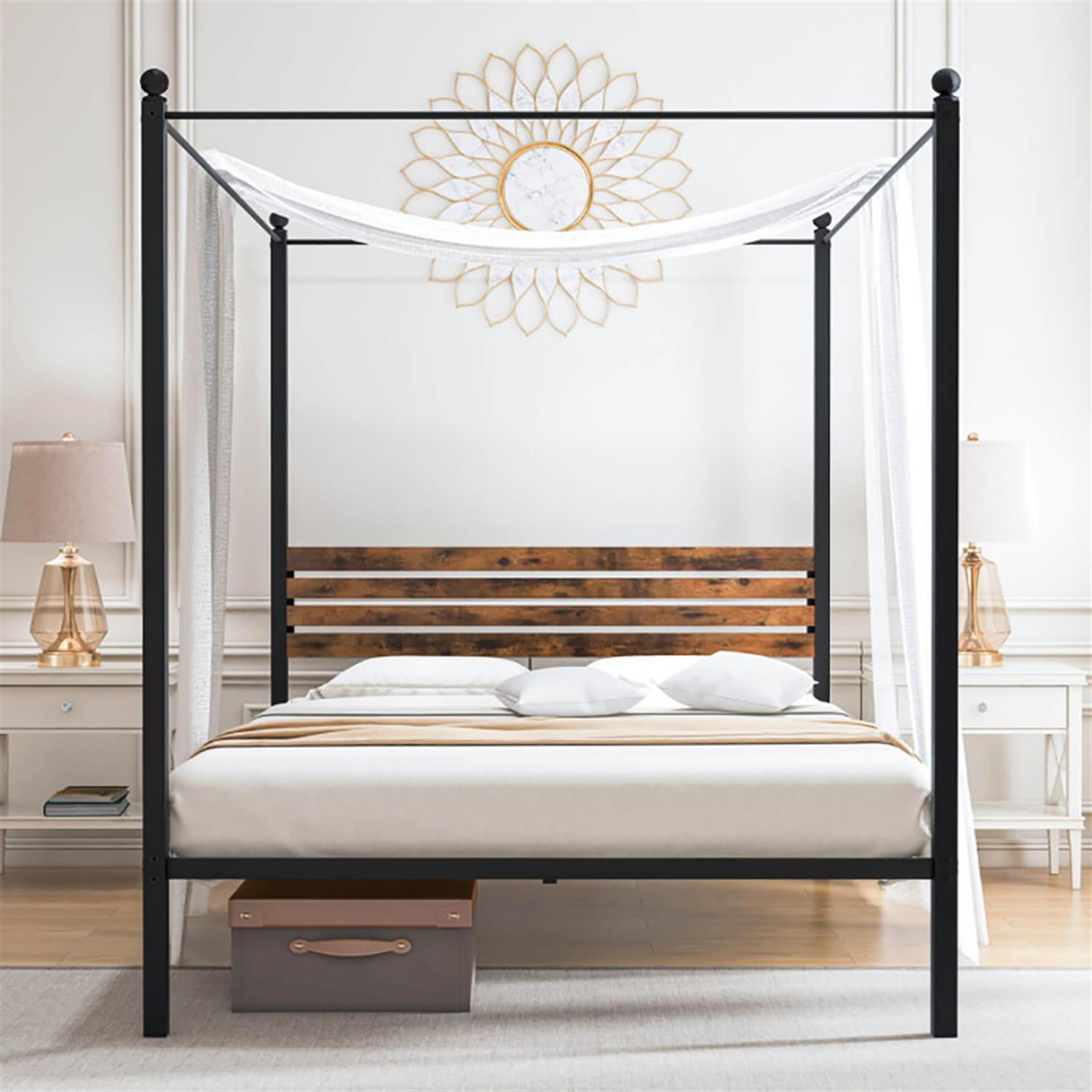 Demi Bonn Queen Size Canopy Metal Platform Bed Frame with Under Bed Storage, Steel Slat Support, No Box Spring Needed, Black